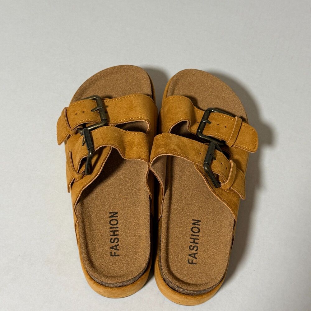Women's Platform Sandals Cork Footbed Slides with Double Buckles